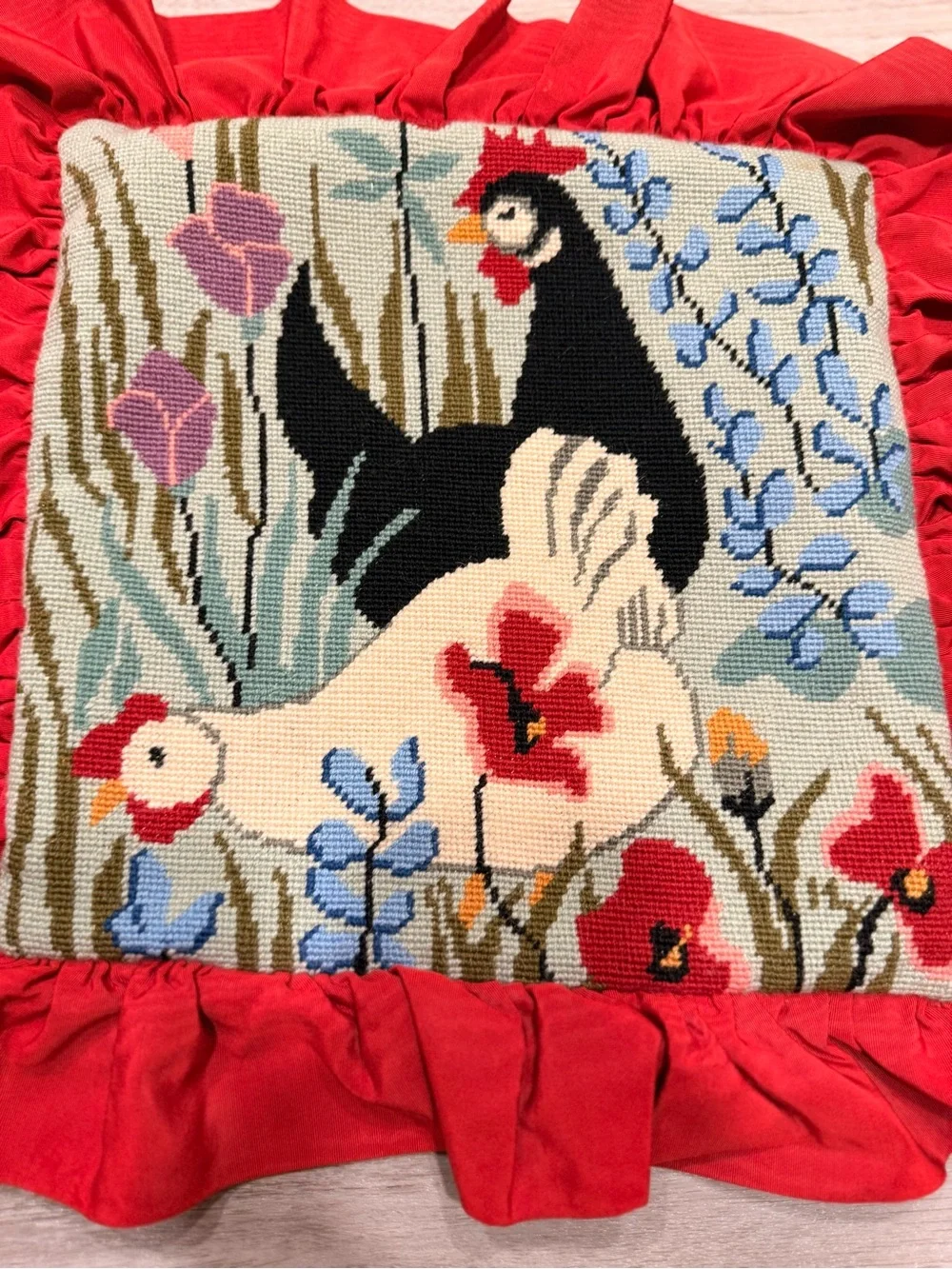 Vintage Rare FW Crafts Persian Wool Needlepoint Rooster & Hen Design Pillow